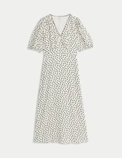 Printed V-Neck Puff Sleeve Midi Tea Dress -Cyberjammies Store printed v neck puff sleeve midi tea dress 5