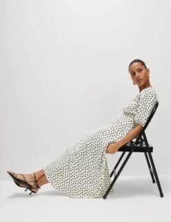 Printed V-Neck Puff Sleeve Midi Tea Dress -Cyberjammies Store printed v neck puff sleeve midi tea dress 6