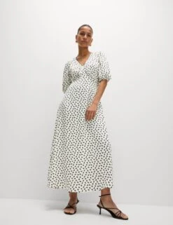 Printed V-Neck Puff Sleeve Midi Tea Dress -Cyberjammies Store printed v neck puff sleeve midi tea dress 8