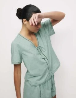 Pure Cotton Dobby Tie Front Pyjama Top -Cyberjammies Store pure cotton dobby tie front pyjama top 5