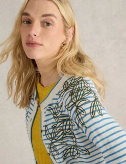 WHITE STUFF Pure Cotton Embroidered Striped Cardigan -Cyberjammies Store pure cotton embroidered striped cardigan 10