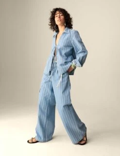 Pure Cotton Denim Striped Wide Leg -Cyberjammies Store pure cotton high waisted striped wide leg jeans 3