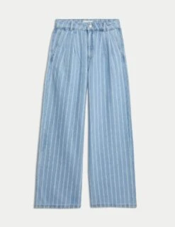 Pure Cotton Denim Striped Wide Leg -Cyberjammies Store pure cotton high waisted striped wide leg jeans 4