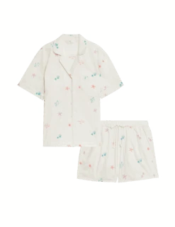 Pure Cotton Revere Embroidered Shortie Set -Cyberjammies Store pure cotton revere embroidered shortie set