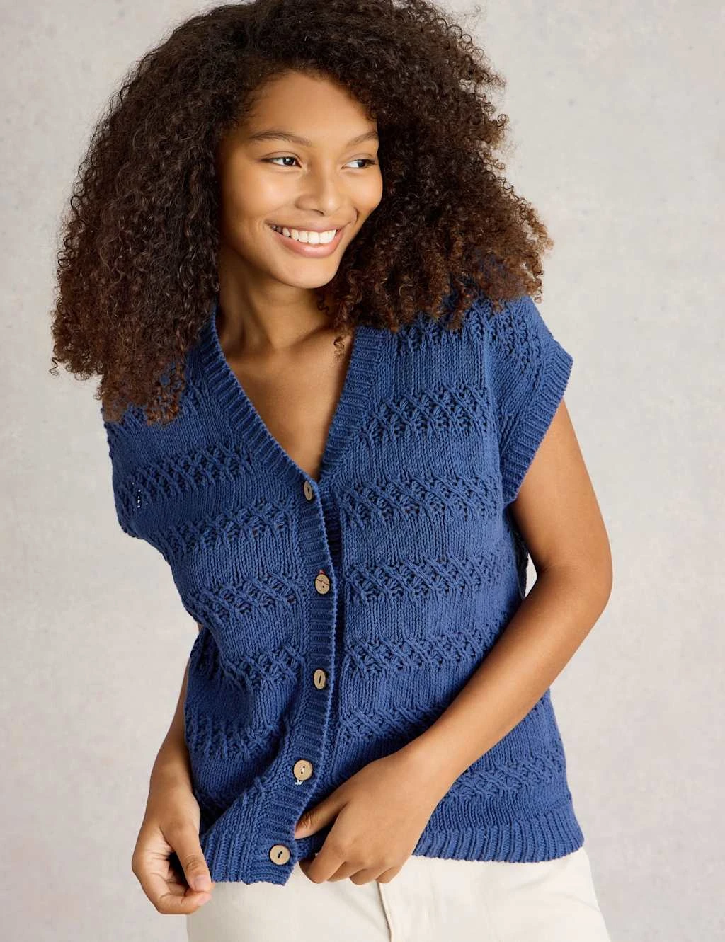 WHITE STUFF Pure Cotton Textured V-Neck Knitted Waistcoat 7 WHITE STUFF Pure Cotton Textured V-Neck Knitted Waistcoat - Image 7