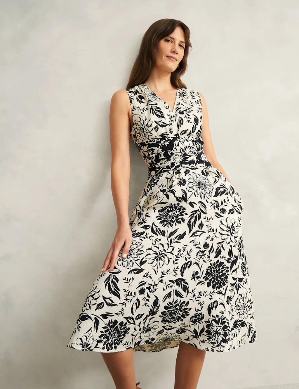 Pure Linen Floral V-Neck Midi Skater Dress 15 Pure Linen Floral V-Neck Midi Skater Dress - Image 15